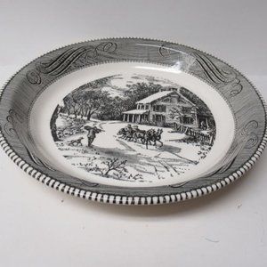 Royal China Gray and White CURRIER and IVES 10 Inch Pie Baking Plate, U.S.A.